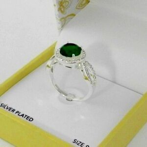 Womens Charter Club Silver Plated Faux Emerald And Diamond Ring Size 6